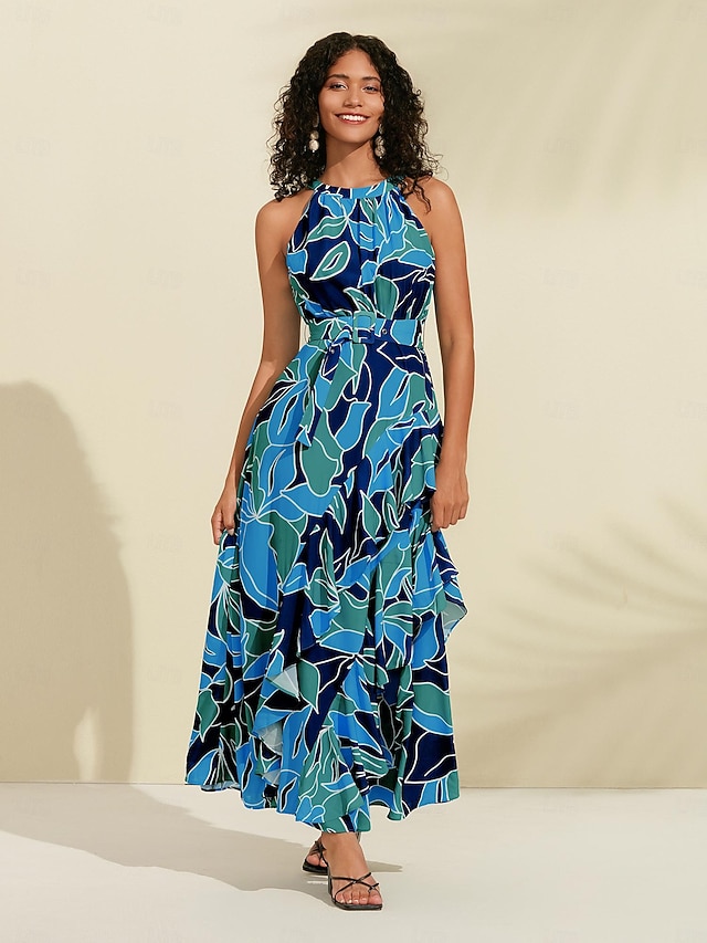 Women's Chiffon Dress Maxi Dress Blue Sleeveless Floral Ruffle Printing Spring & Summer Round Pattern Dress XS S M