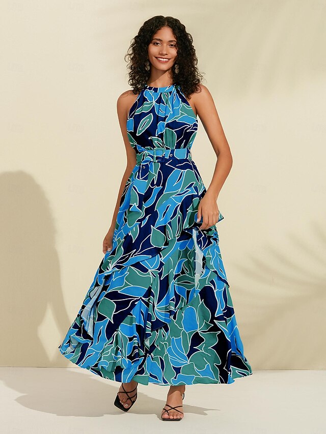 Women's Chiffon Dress Maxi Dress Blue Sleeveless Floral Ruffle Printing Spring & Summer Round Pattern Dress XS S M
