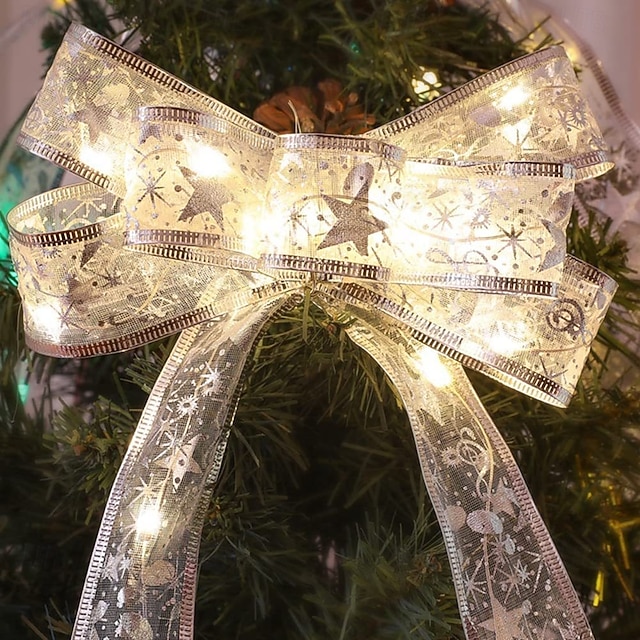Christmas Ribbon Fairy Lights 16/33Ft 100 LED String Lights Battery Operated 2In Gold Foil Ribbon with Warm White Twinkle Firefly Lights Indoor Starry Holiday Decoration for Christmas Tree
