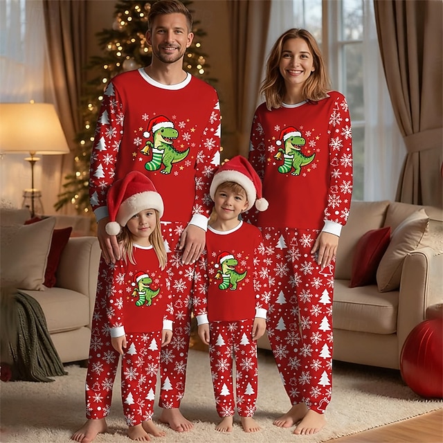 Family Christmas Christmas Family Pajamas Pajamas Family Sets Graphic Dinosaur Snowflake Home Print Red Long Sleeve Daily Matching Outfits