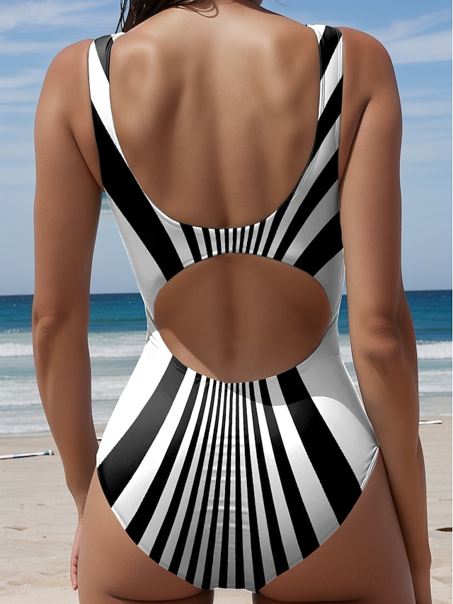 Women's Swimwear One Piece Swimsuit Printing Stylish Striped Sleeveless Bathing Suits