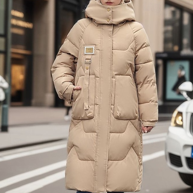 Women's Puffer Jacket Quilted Jacket Hoodie Jacket Warm Comfortable Zipper Pocket Casual Plain Vacation Home Daily Wear Going out Long Hooded Regular Fit Long Sleeve Outerwear Black Green Khaki Fall