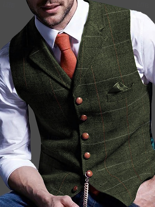 Men's Tweed Vest Waistcoat Notch lapel Fashion Spring & Fall & Winter Six-Buttons Vintage Comfortable Plain Single Breasted V Neck Regular Fit Green Khaki Blue Light Grey Dark Grey
