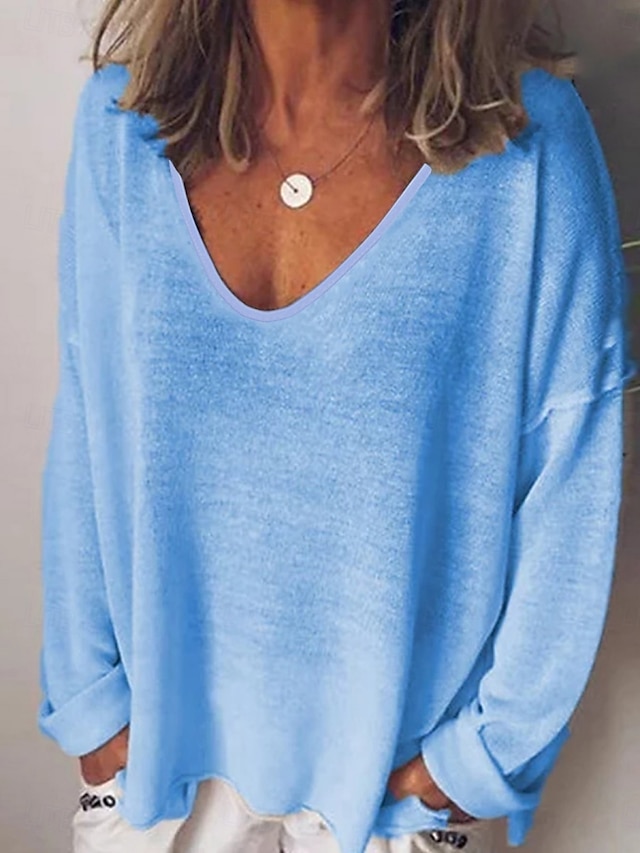 Women's Blouse Solid Color Stylish Casual Long Sleeve V Neck Regular Tops Daily Black White Yellow Army Green Blue Spring Fall Prefall