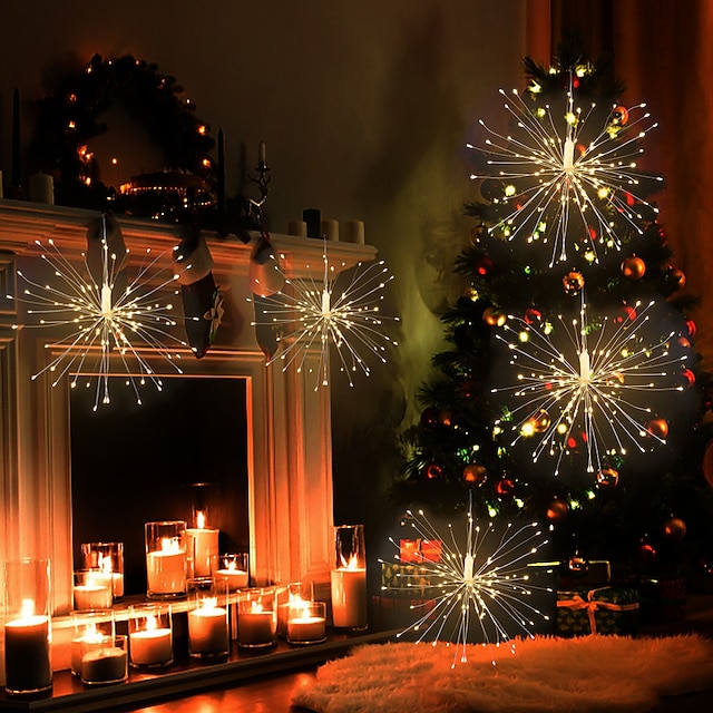 8pcs Firework Lights Christmas Decorations Starburst Total 800LEDs Copper Wire Fairy Twinkle Lights Plug in String Lights Remote Control 8 Modes Waterproof Starburst Lights for Christmas Birthday Bedroom Corridor Patio Wedding