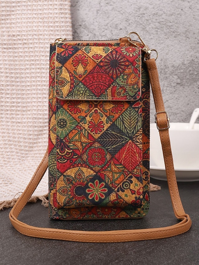 Women's Vintage Boho Phone Crossbody Bag with Adjustable Strap, Faux Leather Small Purse with Multicolor Patchwork Print, Ideal for Travel, Festivals, Daily Errands and Outdoor Activities