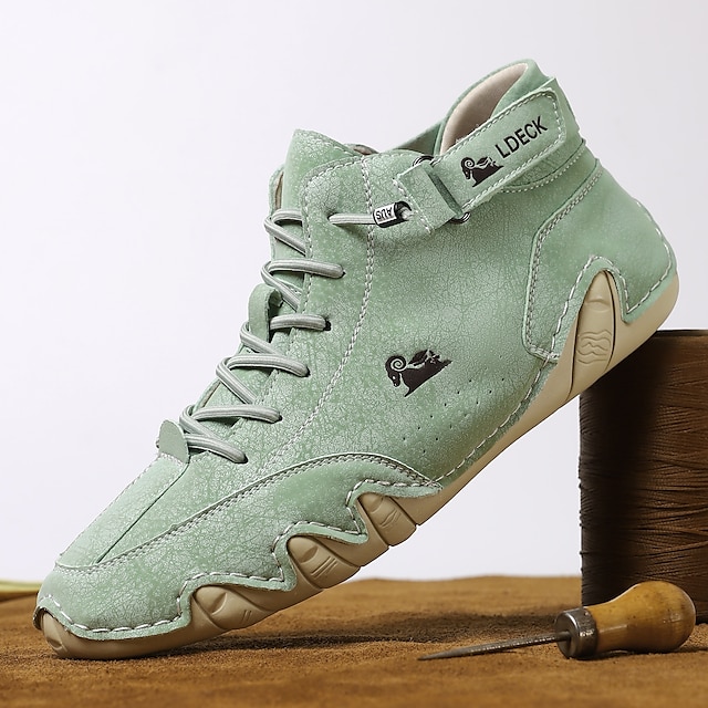 Men's Green Casual High-Top Faux Leather Sneakers 鈥?Lightweight Breathable Hand-Stitched Lace-Up Shoes for Outdoor Activities