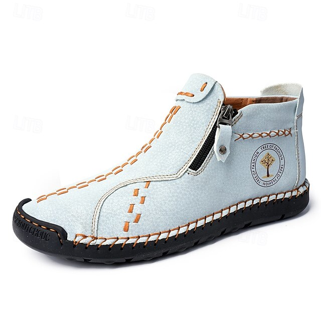 Men's Casual Light Blue Leather Loafers with Unique Hand-Stitched Details and Zip Closure, Ideal for Daily Wear