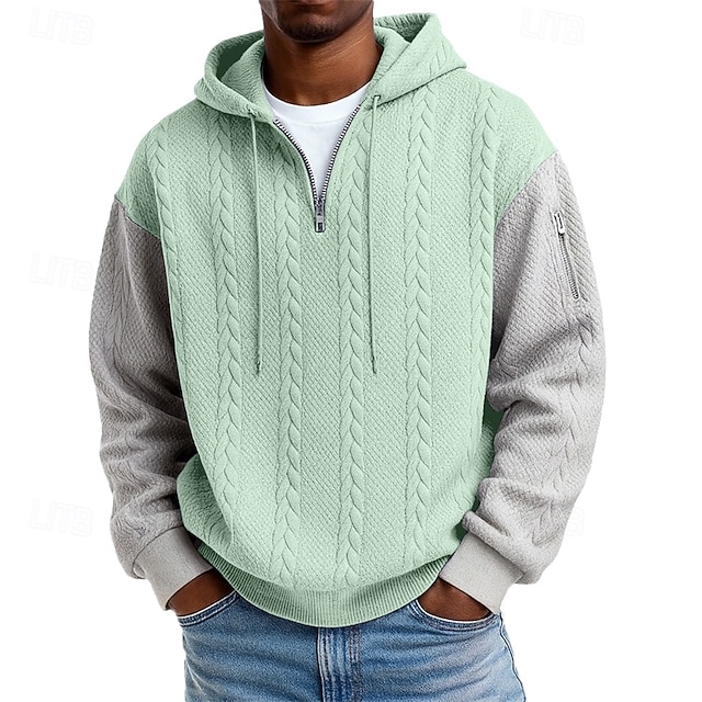 Men's Jacquard Hoodie Pullover Hoodie Sweatshirt Quarter Zip Hoodie Light Green Purple Gray Hooded Plain Patchwork Color Block Textured Casual Daily Sports & Outdoor Streetwear Cool Sportswear Spring