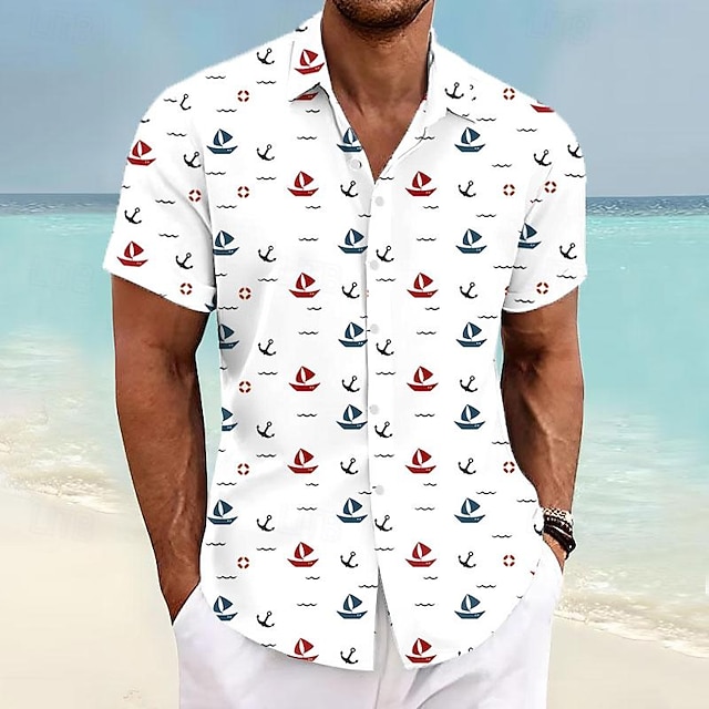 Men's Sailboat Shirt Summer Hawaiian Shirt Aloha Shirt Short Sleeve Shirt Turndown Vacation Hawaiian Outdoor Vacation Hawaiian White Blue Green S M L