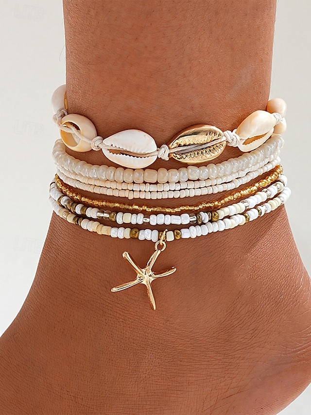 Boho Beach Anklet Set for Women 鈥?Multi-Layer Shell and Beaded Design with Starfish Charm, Perfect for Summer, Vacations and Beachwear