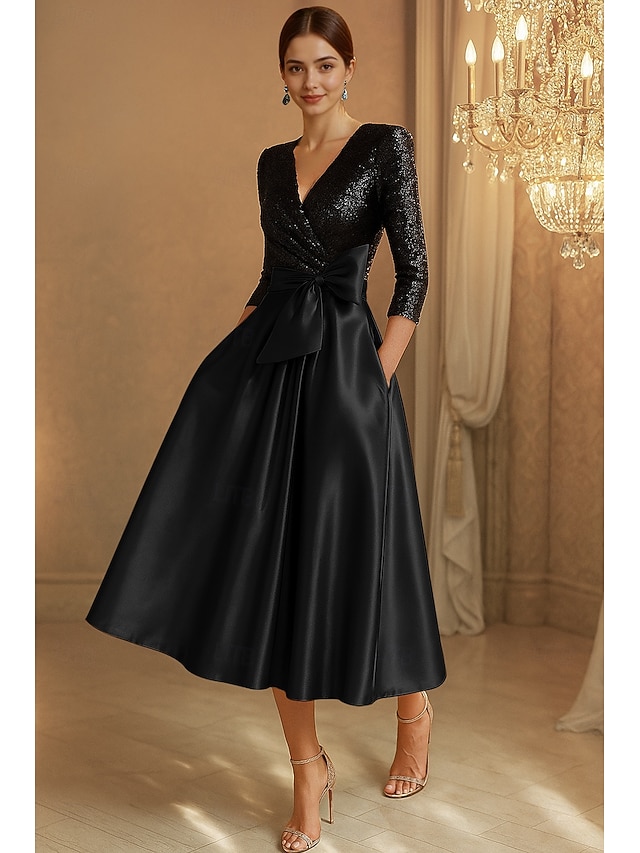 A-Line Tea Length Cocktail Dresses Party Dresses Elegant 3/4 Length Sleeve V Neck Garden Party Wedding Stretch Satin Sequined with Bow(s)