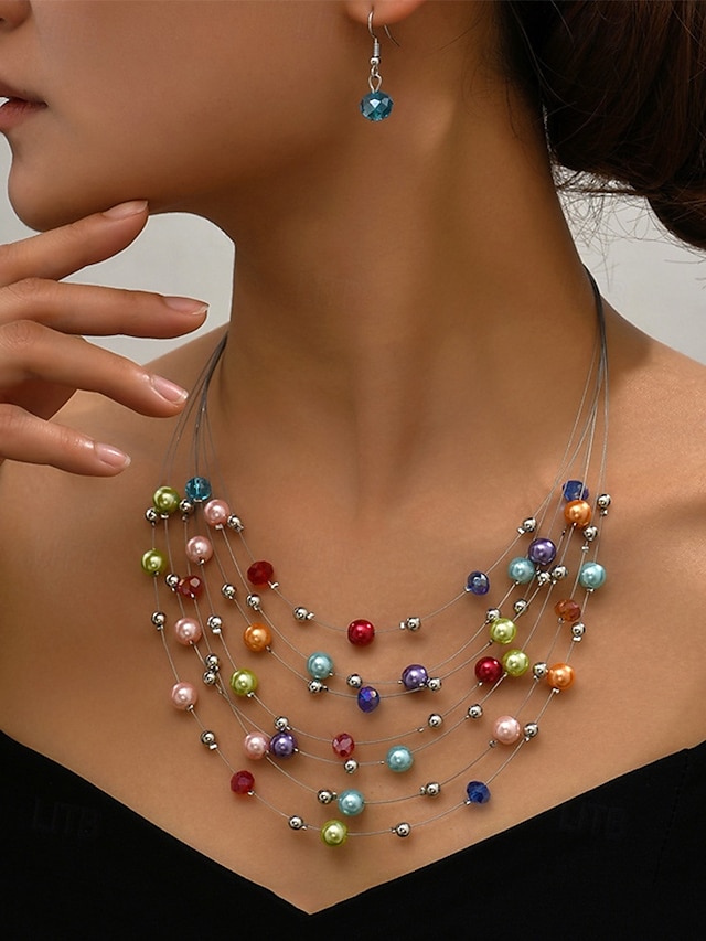 Women's Multicolor Beaded Layered Necklace & Earrings Set 鈥?Elegant Statement Jewelry for Weddings, Parties, and Evening Wear