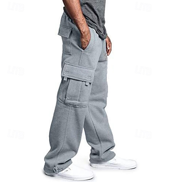 Men's Fleece Pants Sweatpants Joggers Trousers Cargo Sweatpants Drawstring Elastic Waist Multi Pocket Solid Color Windproof Outdoor Full Length Casual Daily Fashion Streetwear Loose Fit Black White