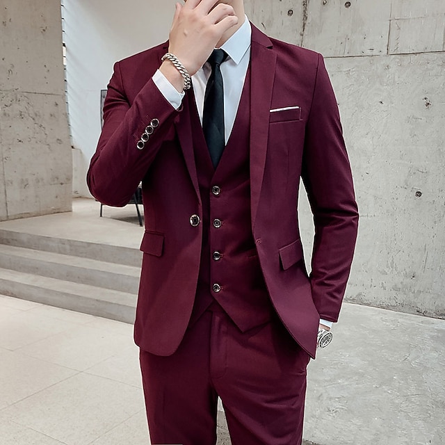 Black White Burgundy Men's Wedding Party/Evening Suits Solid Colored 3 Piece Formal Standard Fit Single Breasted One-button