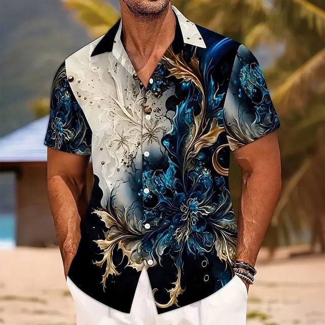 Men's Floral Print Flower Shirt Button Up Shirt Short Sleeve Fashion Casual Vacation Holiday Beach Wear Summer Spring Turndown Collared Shirts Blue