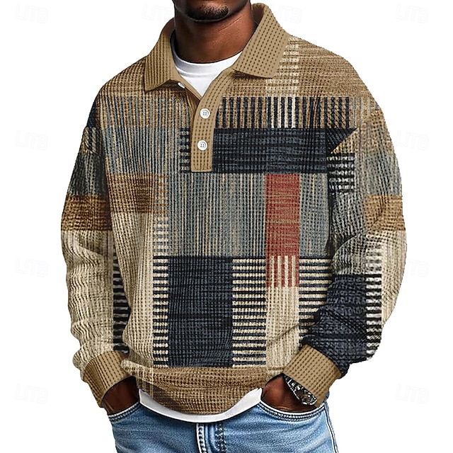 Men's Geometric Color Block Waffle Polo Shirts Textured Long Sleeve Polo Shirts Lapel Casual Athleisure Daily Wear 3D Print Spring Fall Winter Blue Purple Brown