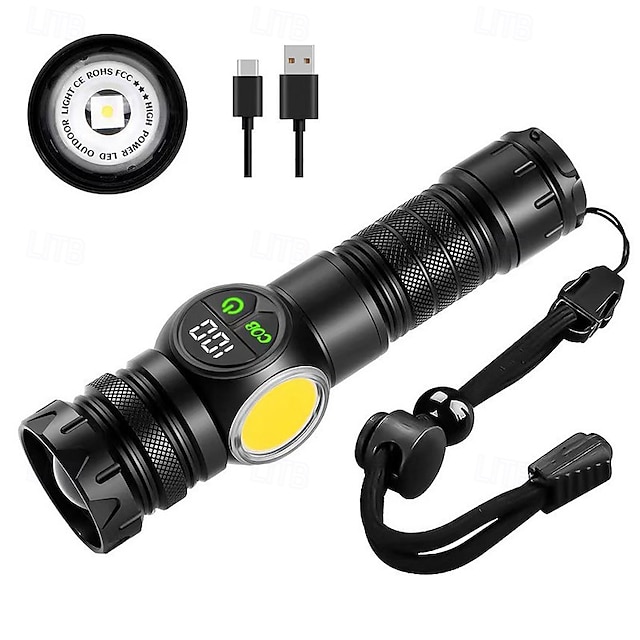 White Laser Flashlight with USB Charging Telescopic Zoom Digital Display Magnetic Suction Super Bright LED Flashlight.