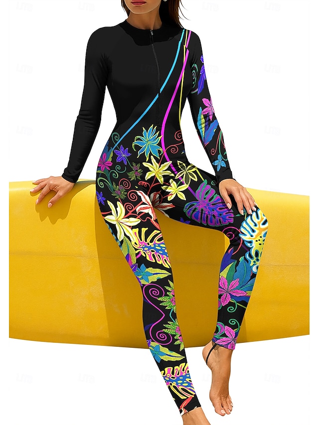 Women's Regular Rash Guard Full Body Rash Guard Bathing Suit Floral Tropical Color-blocking UV Sun Protection UPF50+ Stretchy Full Body Swimwear with Built in Bra聽 Front Zip Surfing Canoeing Beach