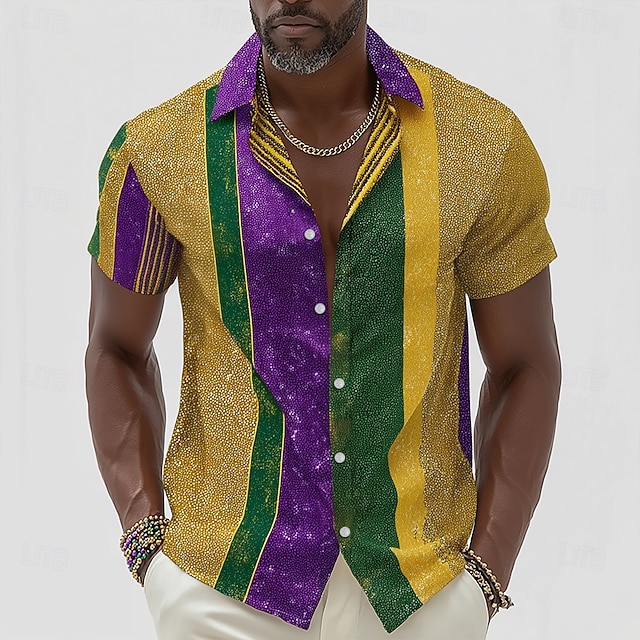 Mardi Gras Men's Color Block Carnival Shirt Button Up Shirt Short Sleeve Fashion Casual Party Holiday Summer Spring Turndown 3D Print Collared Shirts Yellow
