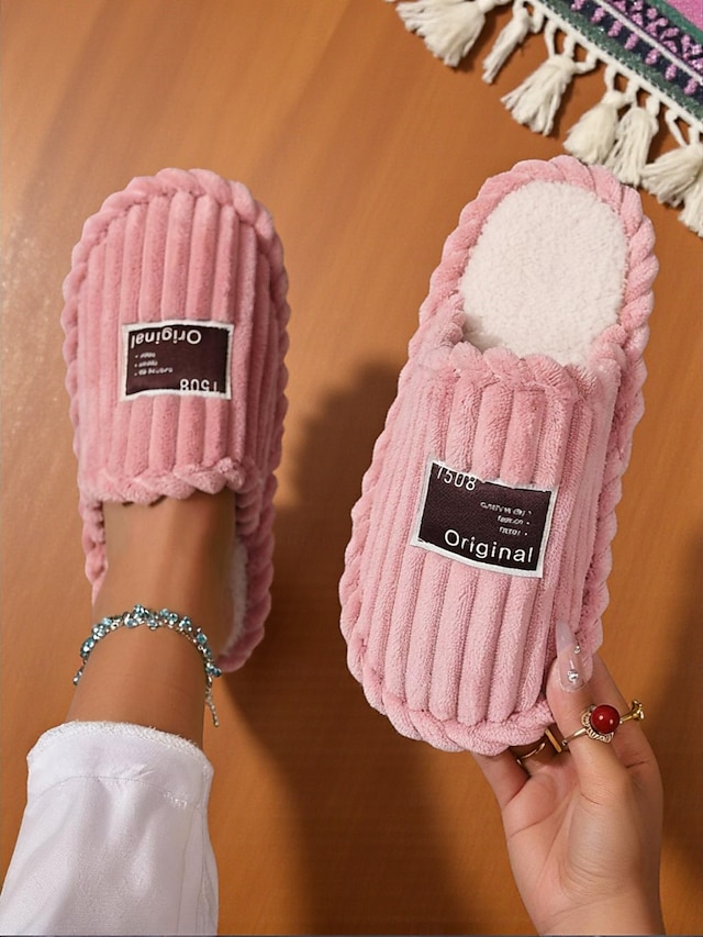 Women's Wide Width Pink Plush House Slippers 鈥?Cozy Indoor Slip-Ons with Cushioned Sole for Home, Dorm and Relaxed Lounging