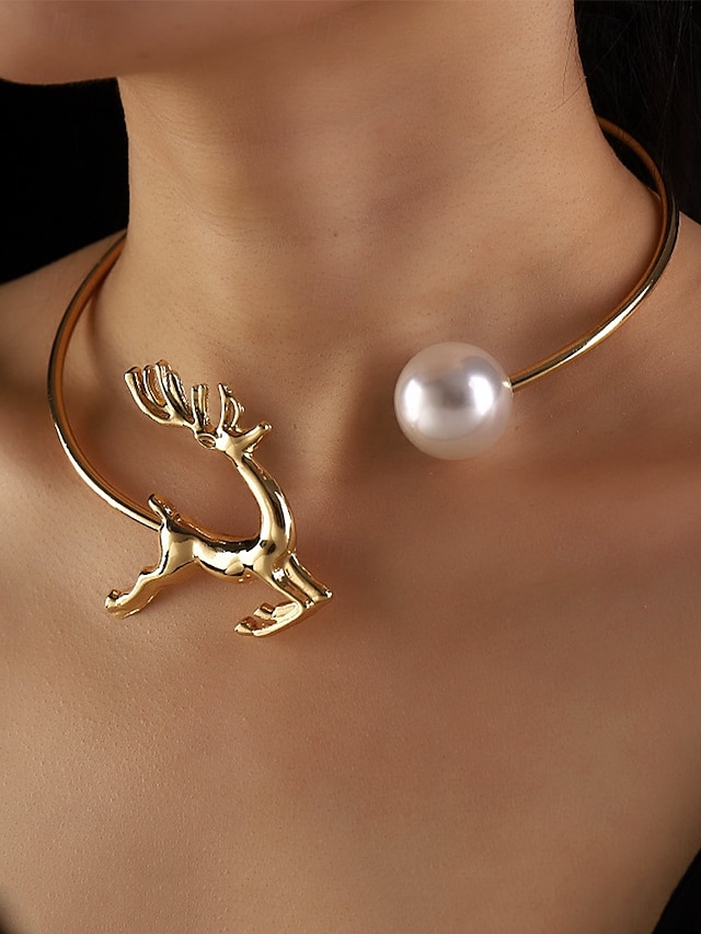Women's Gold Reindeer Bracelet and Pearl Choker Necklace Set 鈥?Festive Jewelry for Women, Elegant Christmas Party Accessories