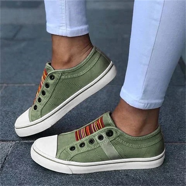 Women's Casual Slip-On Canvas Sneakers 鈥?Lightweight and Breathable Low-Top Shoes with Multicolor Striped Accent