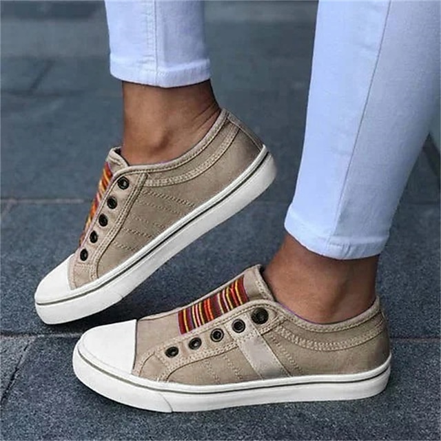 Women's Casual Slip-On Canvas Sneakers 鈥?Lightweight and Breathable Low-Top Shoes with Multicolor Striped Accent 5 Women's Casual Slip-On Canvas Sneakers 鈥?Lightweight and Breathable Low-Top Shoes with Multicolor Striped Accent